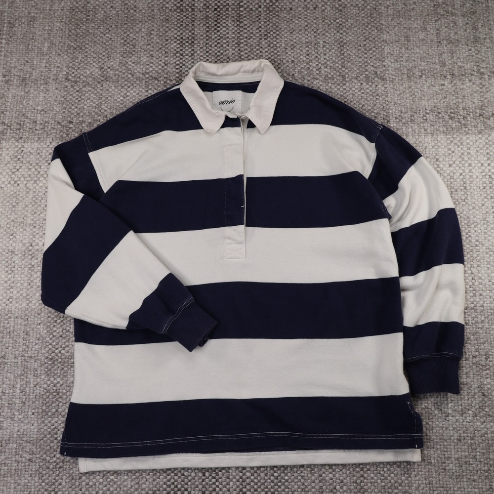 Aerie Womens Navy White Striped Long Sleeve Rugby Shirt Small Oversized Preppy